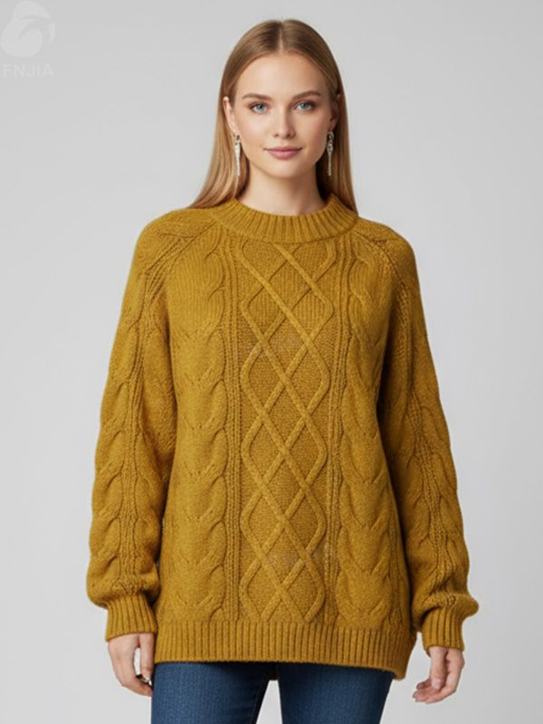 Женский свитер горчичной вязки (ромбовидный узор, свободный крой)