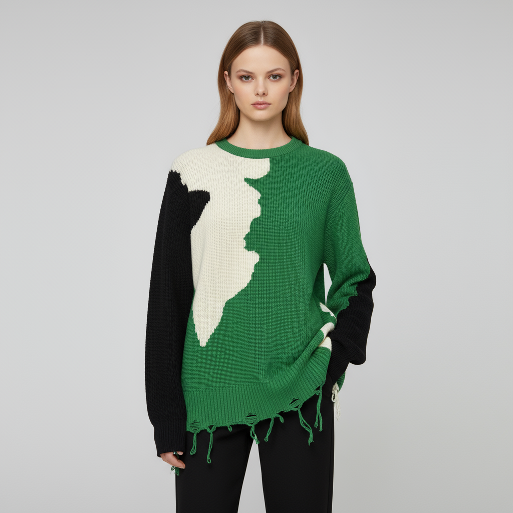 Женский свитер с абстрактной вязкой зеленого/черного/белого цвета (Оверсайз, низ с бахромой)