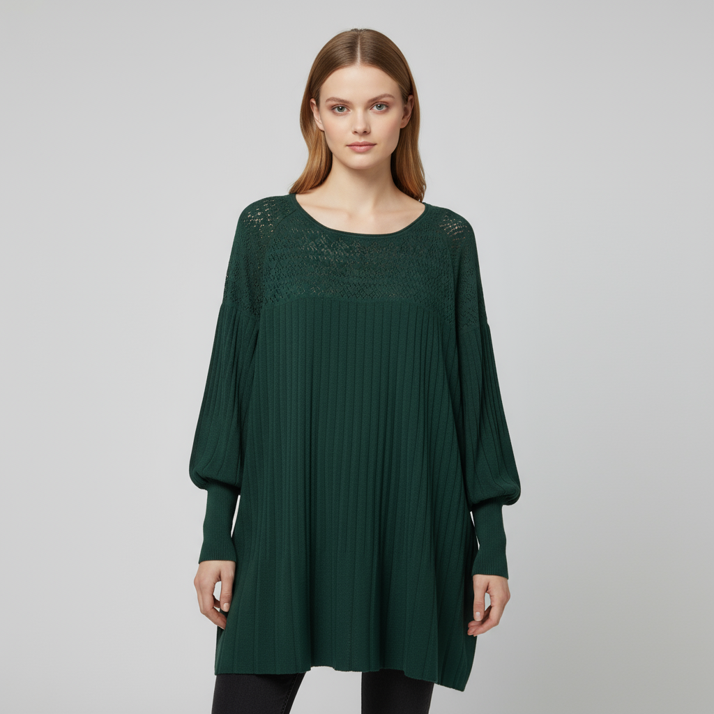 Женская вязаная туника цвета лесного ореха (Оверсайз, плиссированные рукава и ажурные детали)