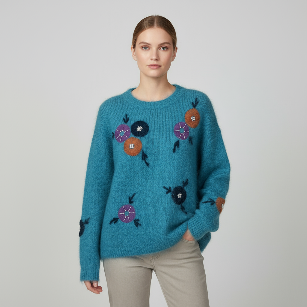 Женский вязаный свитер бирюзового цвета с яркой цветочной вышивкой
