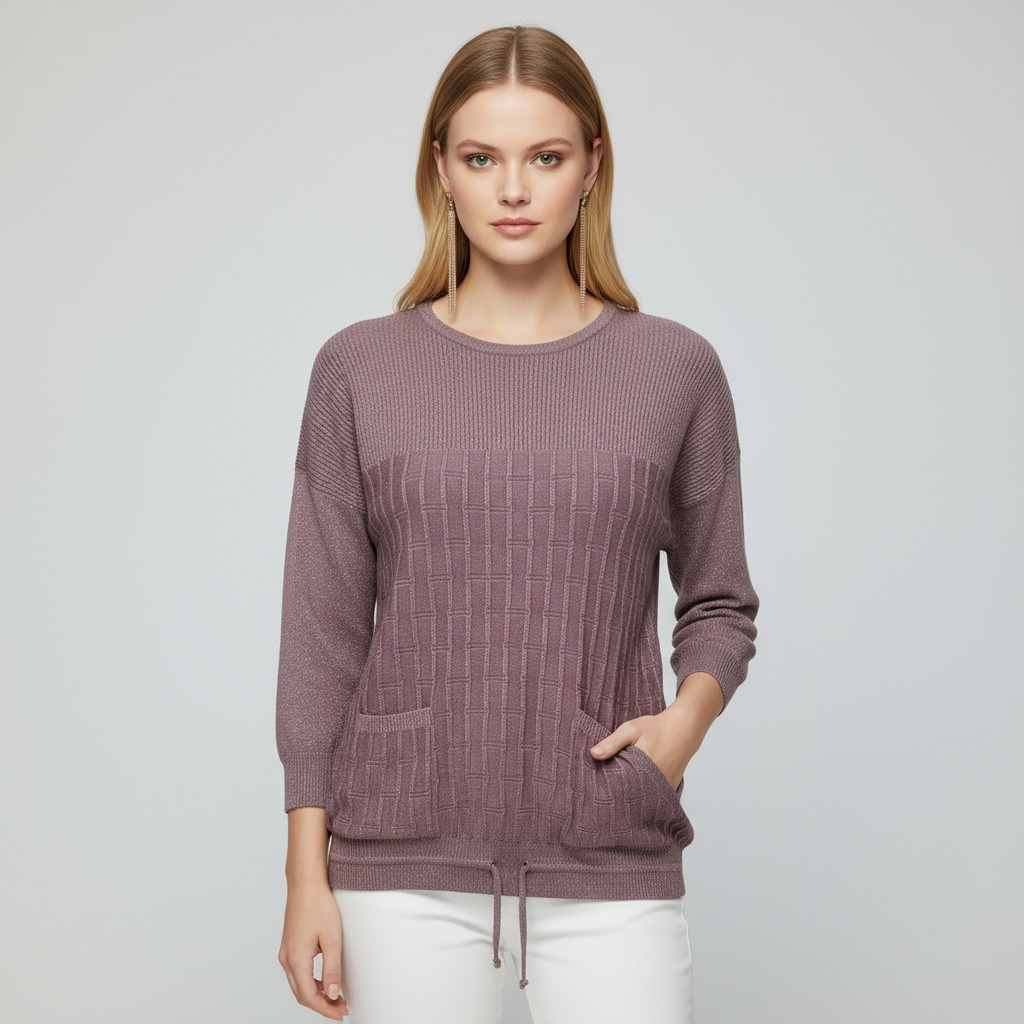 Женский свитер фактурной вязки сиреневого цвета (круглый вырез горловины, накладные карманы и низ на завязках)