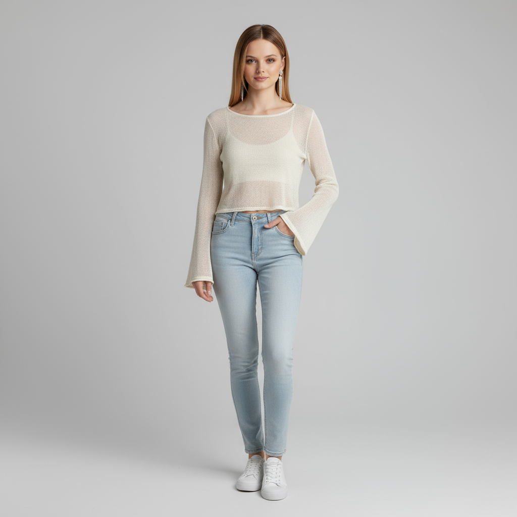 Женский прозрачный трикотажный топ цвета слоновой кости (укороченный крой, расклешенные рукава-клеш и вырез лодочкой)