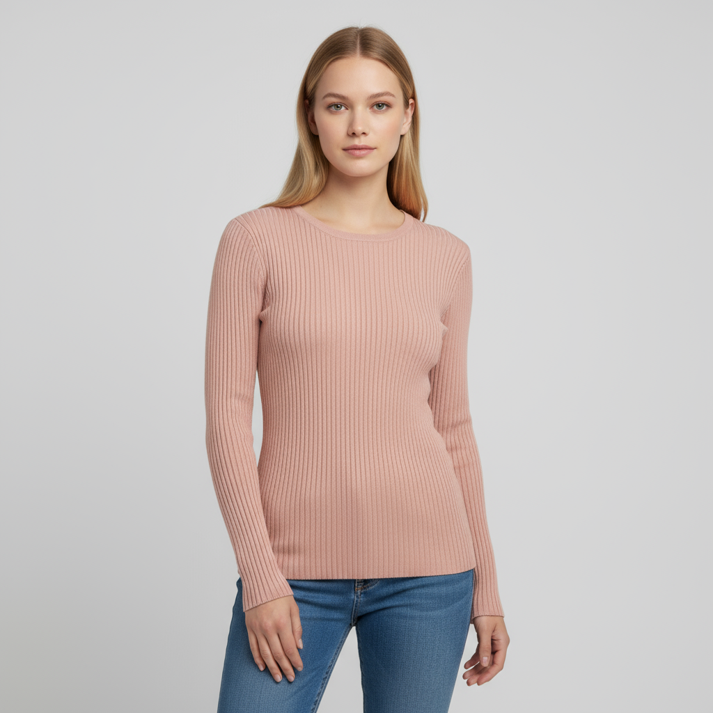 Женский вязаный свитер в рубчик розового цвета с круглым вырезом горловины и приталенным длинным рукавом