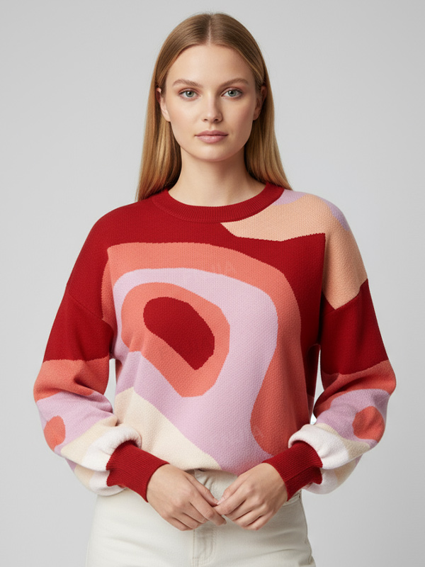Женский вязаный свитер с многоцветным абстрактным рисунком (красные и пастельные тона)