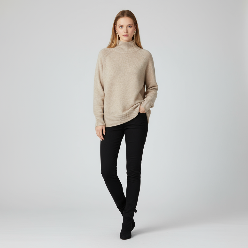 Женский бежевый вязаный свитер-водолазка с высоким воротом (облегающий крой, мягкая текстура и отделка в рубчик)