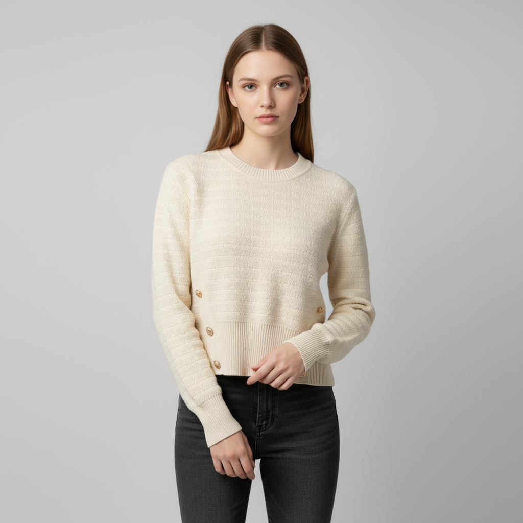 Женский свитер фактурной вязки цвета слоновой кости (укороченный крой, боковые пуговицы и круглый вырез)