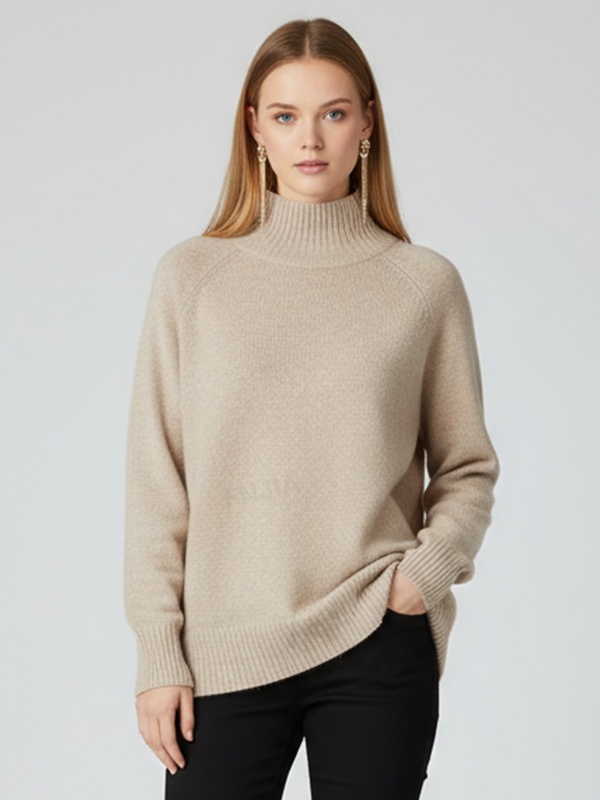 Женский бежевый вязаный свитер-водолазка с высоким воротом (облегающий крой, мягкая текстура и отделка в рубчик)