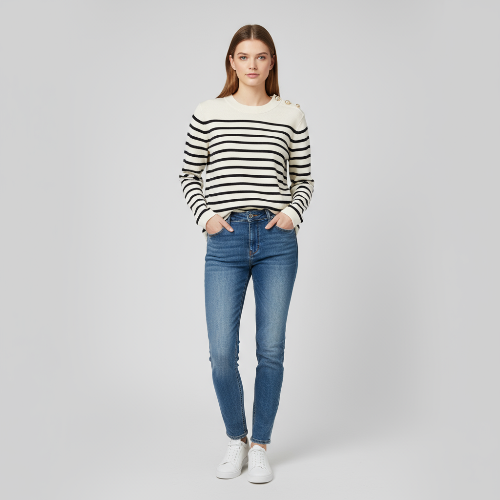 Женский вязаный свитер в полоску цвета слоновой кости и черного цвета (круглый вырез, пуговицы на плечах)