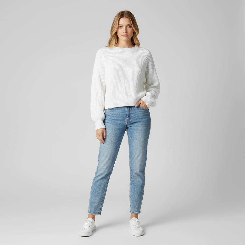 Женский белый вязаный свитер в рубчик (укороченный крой, пышные рукава и круглый вырез горловины)