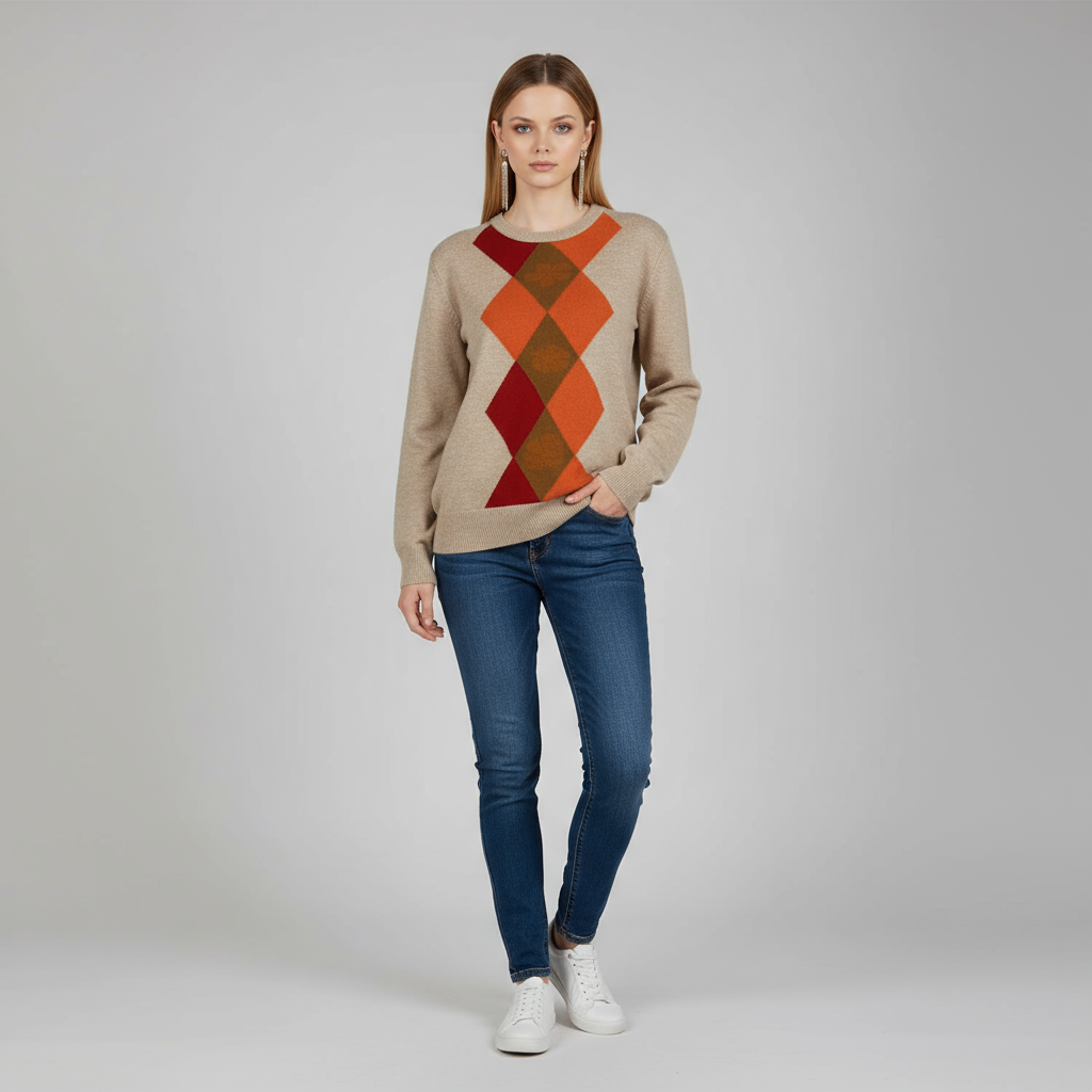Женский бежевый свитер вязки "Аргайл" (круглый вырез, красно-оранжевый ромбовидный узор)