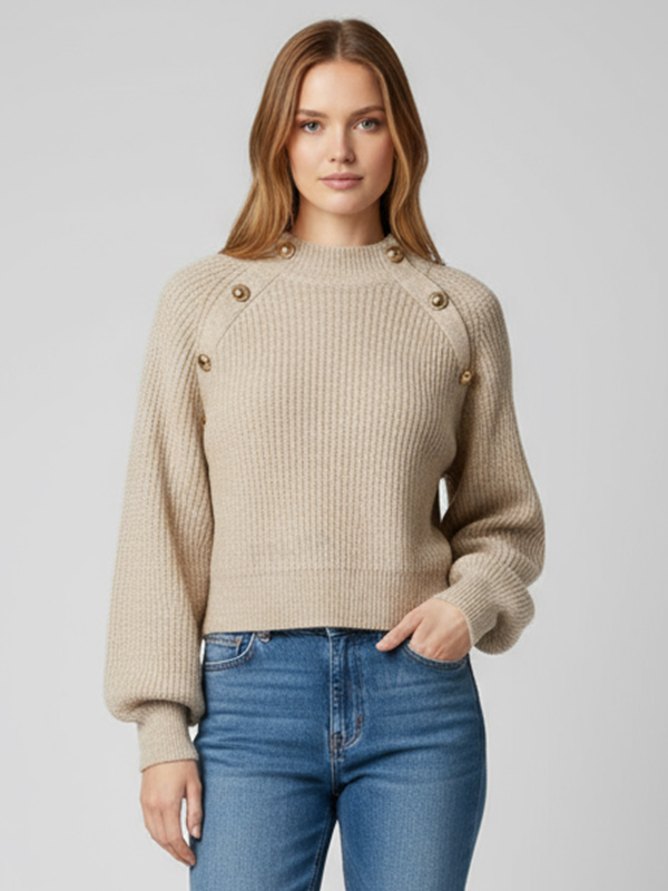 Женский бежевый вязаный свитер в рубчик (укороченный крой, пышные рукава и пуговицы на плечах)