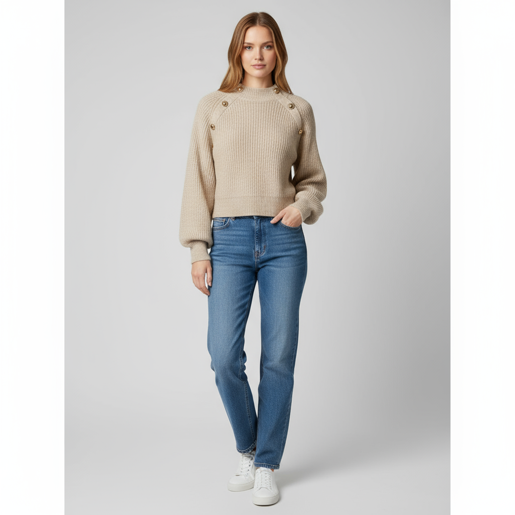 Женский бежевый вязаный свитер в рубчик (укороченный крой, пышные рукава и пуговицы на плечах)